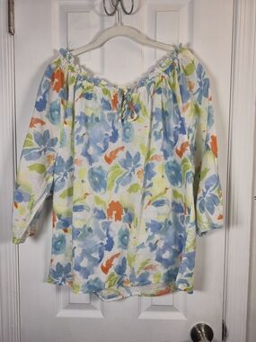 ​Hester & Orchard Floral Linen Blend Peasant Blouse XL Blue Orange Cottagecore